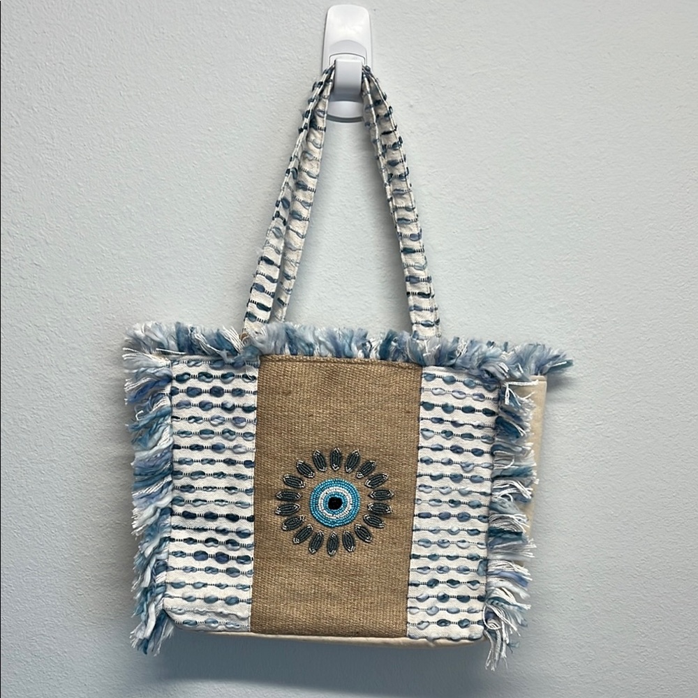 Antik Kraft Blue, White & Tan Fringed Tote with Embroidered Medallion